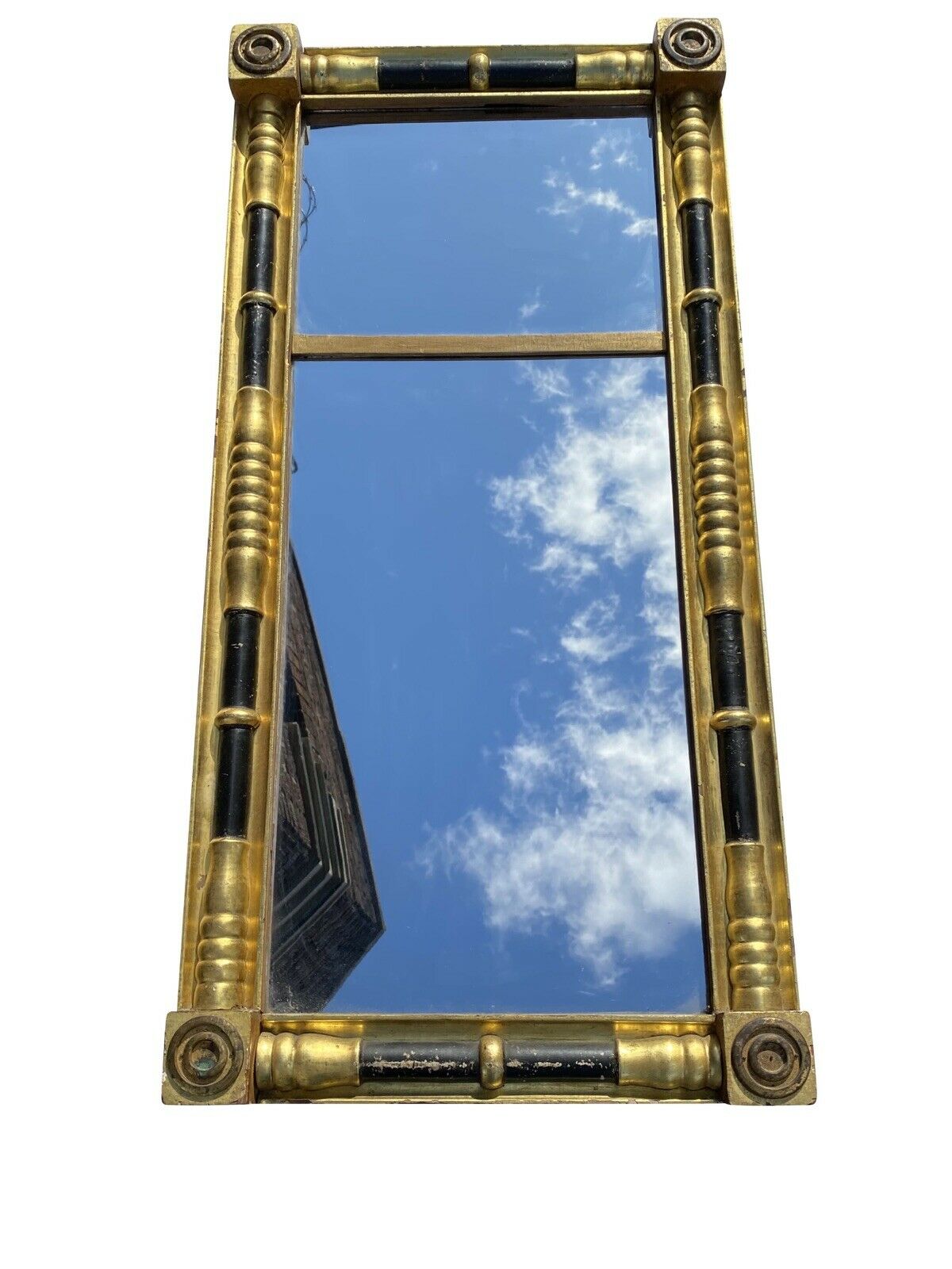 19TH C ANTIQUE SHERATON GOLD & BLACK 2 PANEL MIRROR