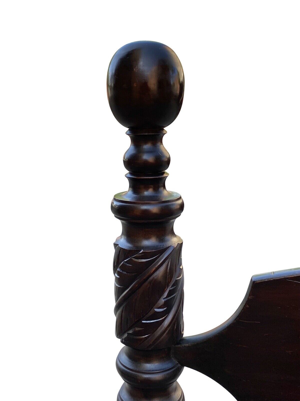 19th C Antique Pair of Twin Size Cannonball Beds W/ Acanthus Leaf Carved Posts