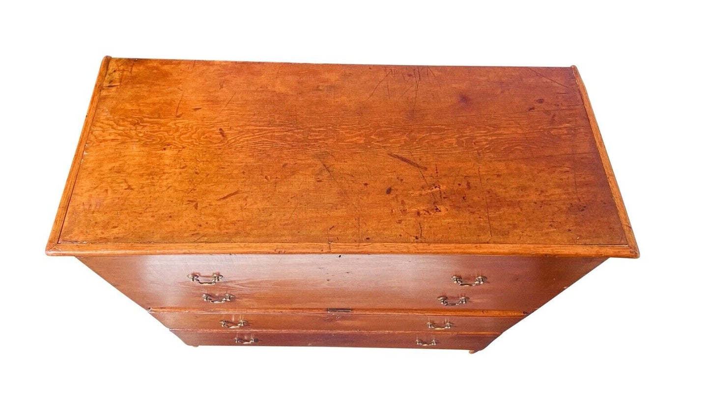 18TH C ANTIQUE NEW ENGLAND QUEEN ANNE PUMPKIN PINE BLANKET CHEST WITH 2 DRAWERS