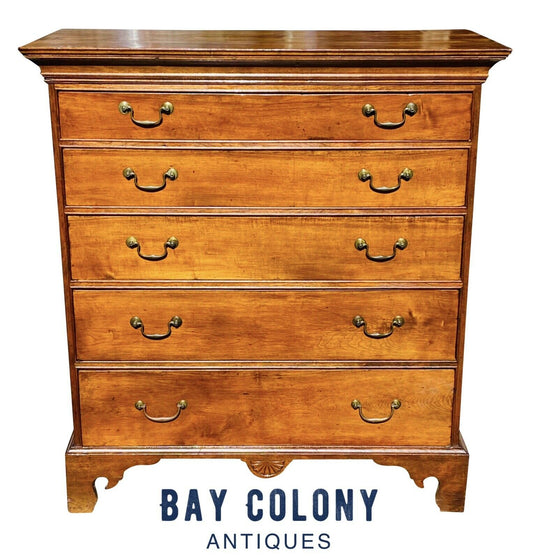 18TH C ANTIQUE CONNECTICUT CHERRY CHIPPENDALE 5 DRAWER DRESSER / TALL CHEST