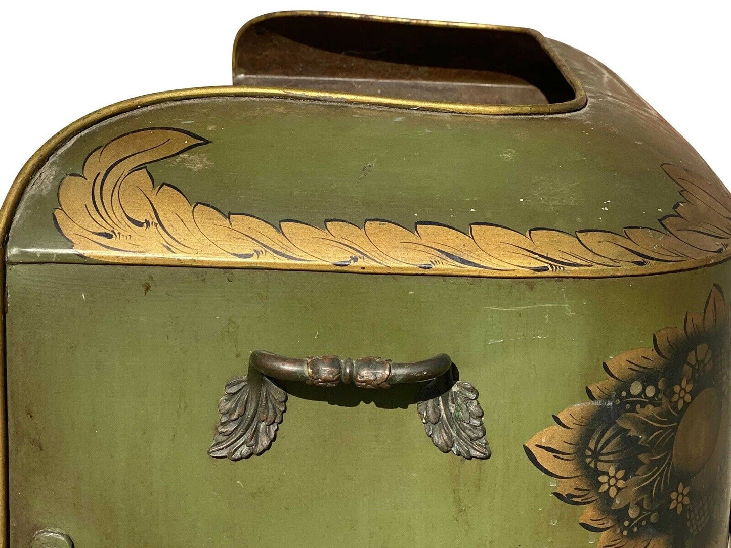 19th C Antique Green & Gilt Paint Tole Fireplace Warmer W/ Folk Art Paintings