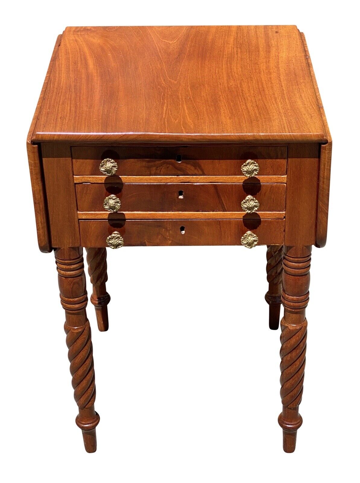 19th C Antique Mahogany 3 Drawer Worktable / Nightstand with Rope Carved Legs
