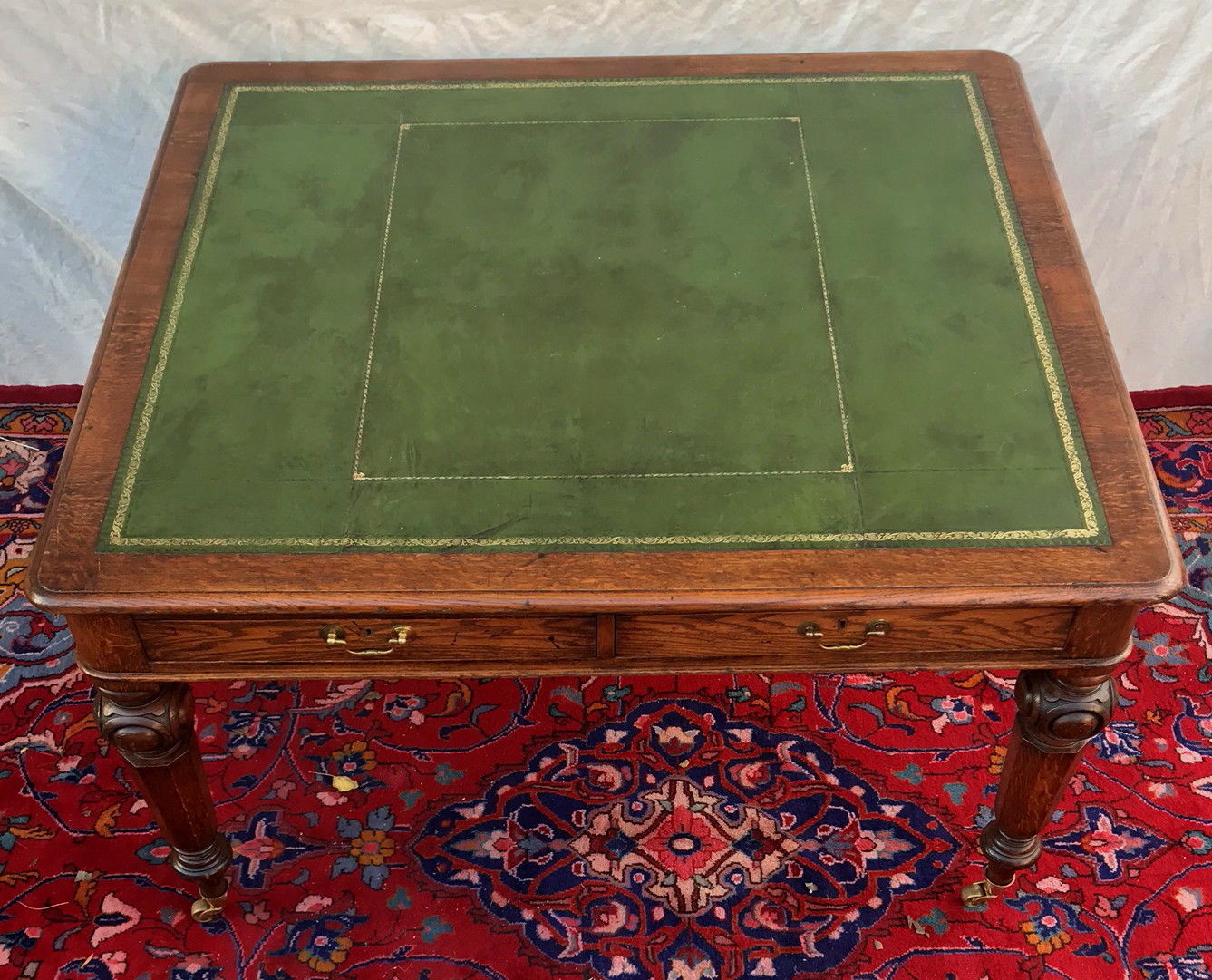 VICTORIAN OAK GOTHIC STYLE PARTNER'S DESK - OUTSTANDING GREEN LEATHER TOP