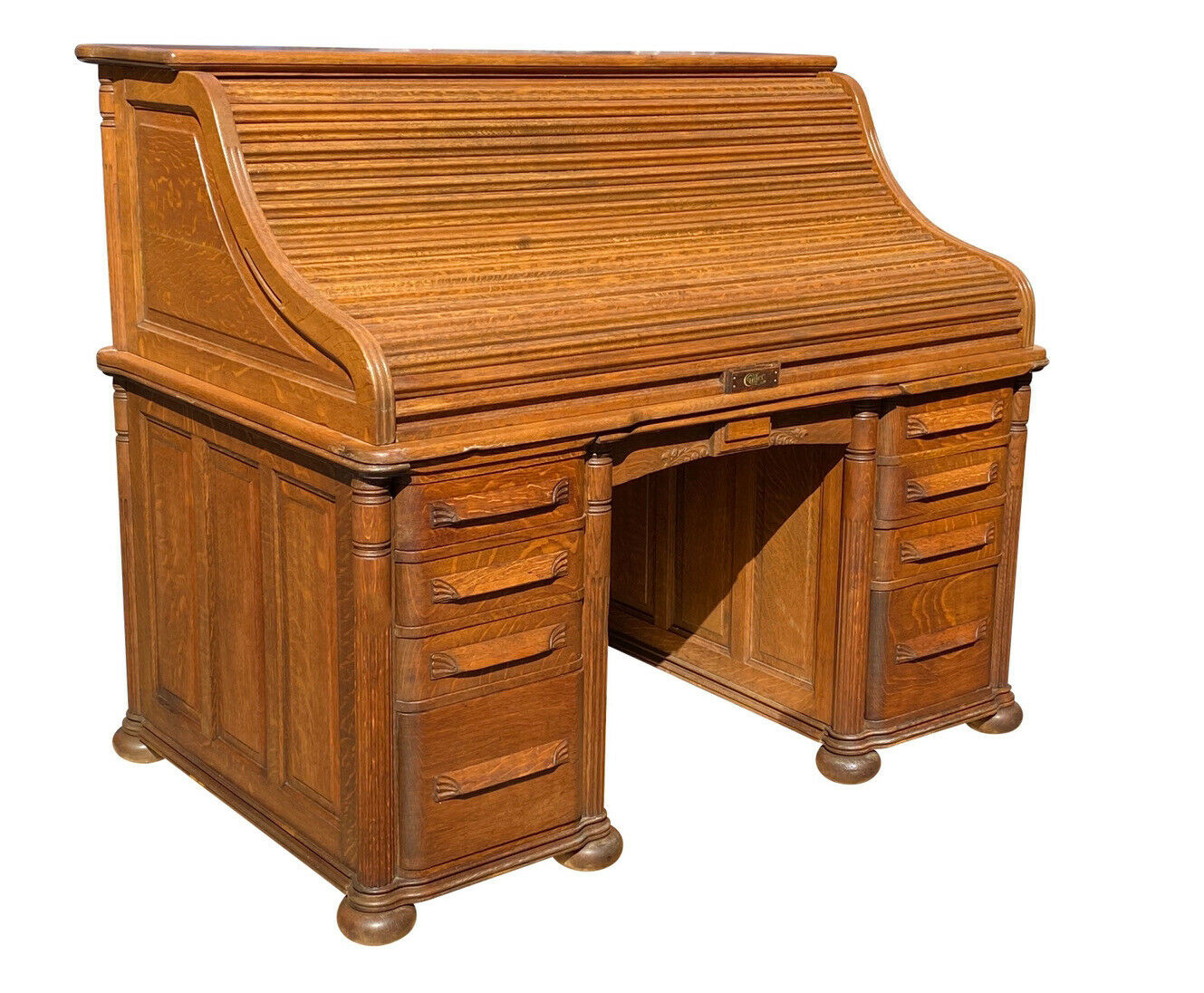 19TH C ANTIQUE VICTORIAN CUTLER DESK COMPANY TIGER OAK S CURVE ROLL TOP DESK