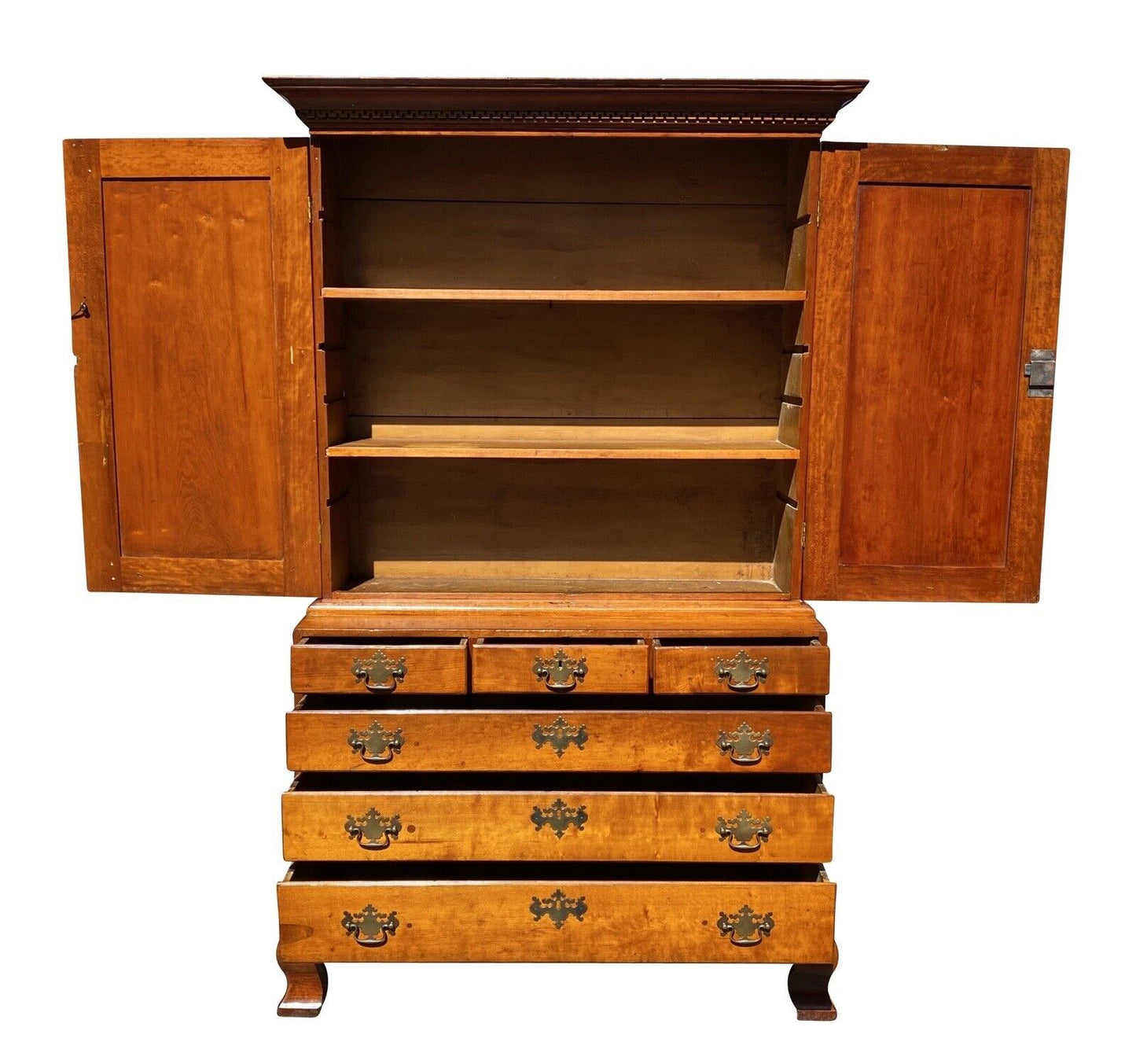 18th C Antique Chippendale Connecticut Cherry Linen Press / Secretary Desk