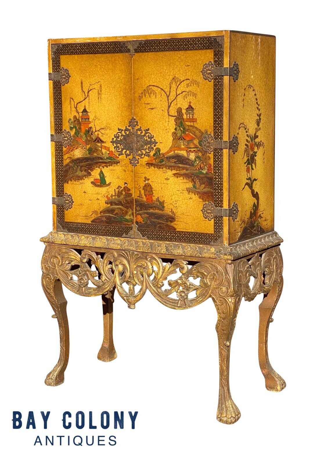 20th C Antique Chinoiserie Carved Liquor Cabinet / Cupboard