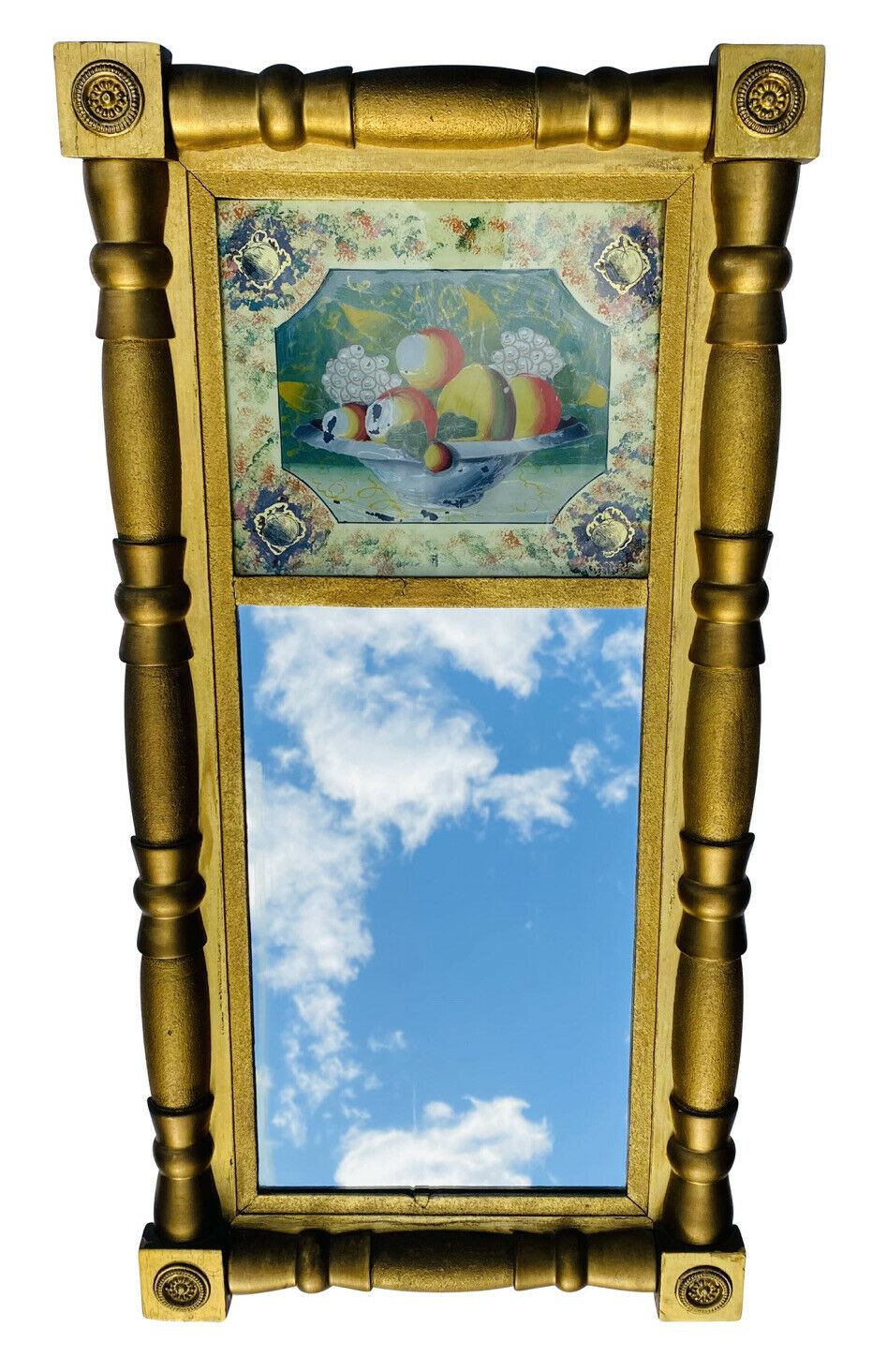 19TH C ANTIQUE SHERATON GOLD GILT MIRROR W/ REVERSE PAINTED BASKET OF FRUIT