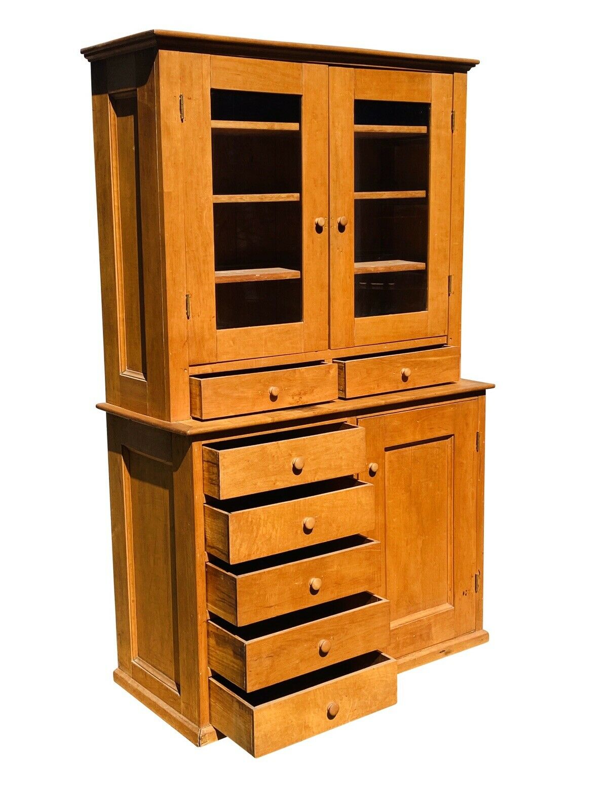 19TH C COUNTRY PRIMITIVE ANTIQUE SHAKER MAPLE CABINET / STEP BACK CUPBOARD HUTCH