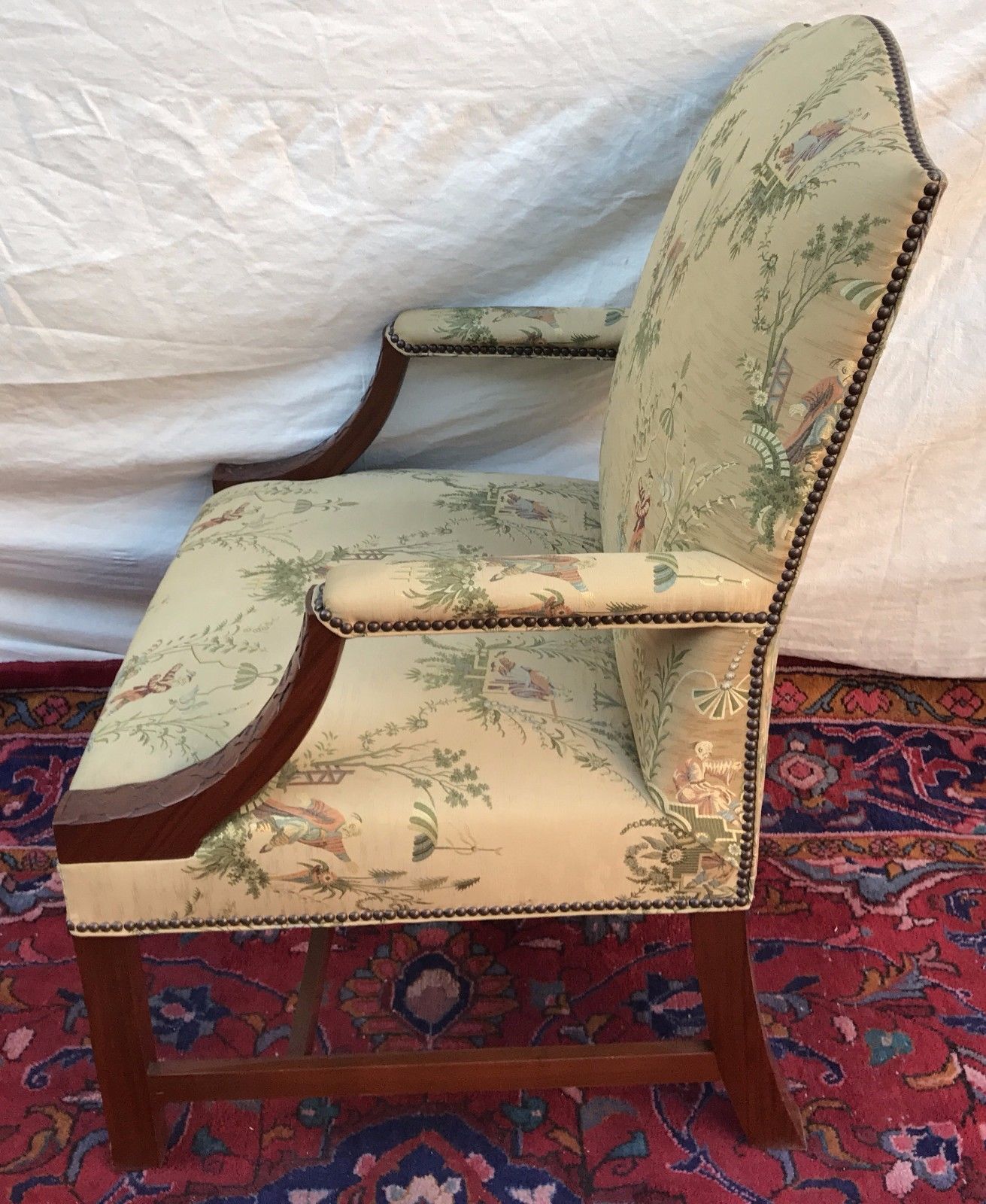 FABULOUS ANTIQUE CHINESE CHIPPENDALE LIBRARY LOLLING CHAIR-MINT GOLD SILK FABRIC