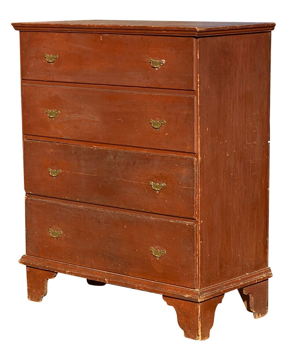 18TH C ANTIQUE QUEEN ANNE PERIOD RED WASH 2 DRAWER LIFT TOP BLANKET BOX