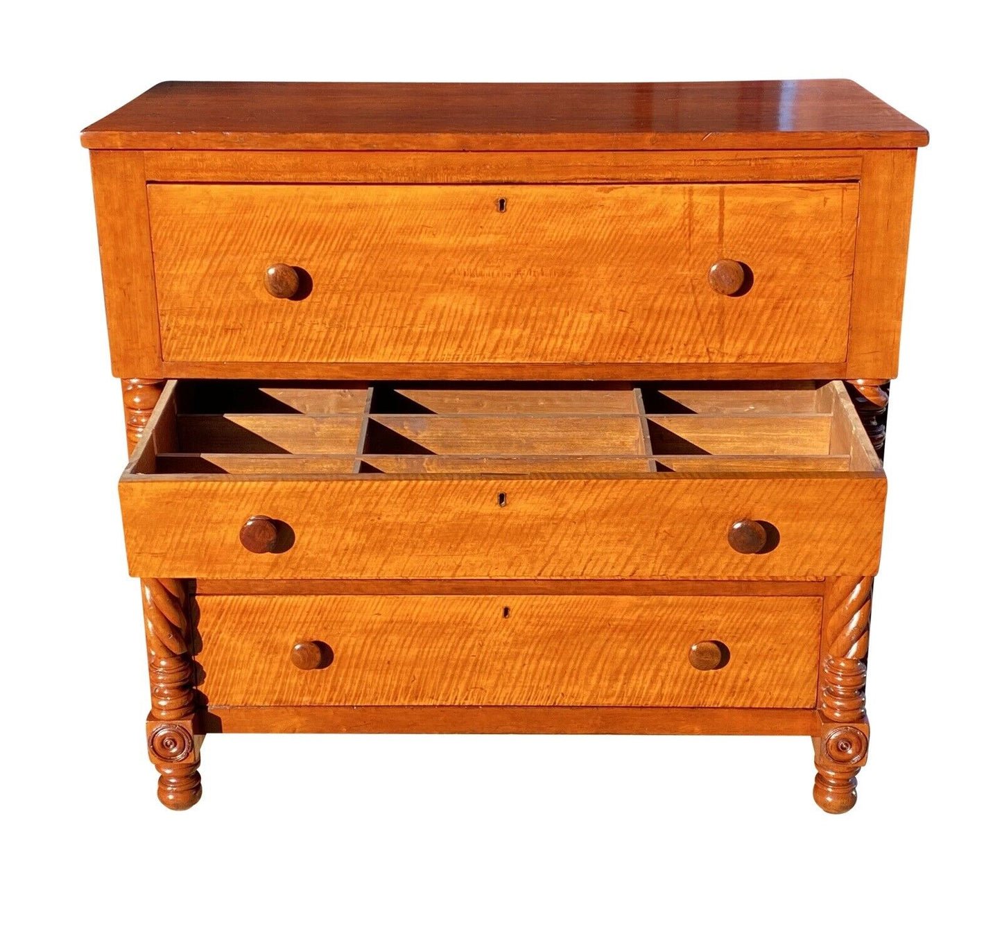 19th C Antique Sheraton Cherry & Tiger Maple Chest of Drawers / Dresser