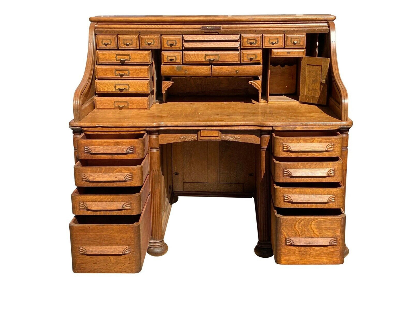 19TH C ANTIQUE VICTORIAN CUTLER DESK COMPANY TIGER OAK S CURVE ROLL TOP DESK