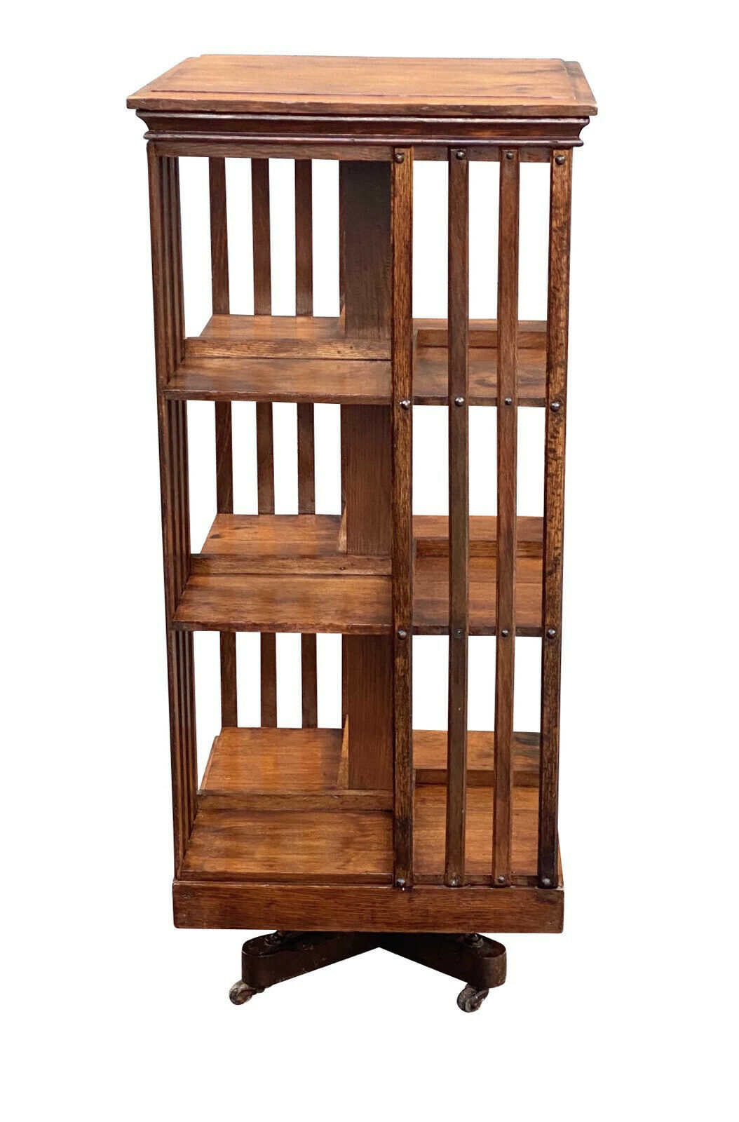 19TH C ANTIQUE TIGER OAK DANNER REVOLVING 3 TIER CHAMPION BOOKCASE