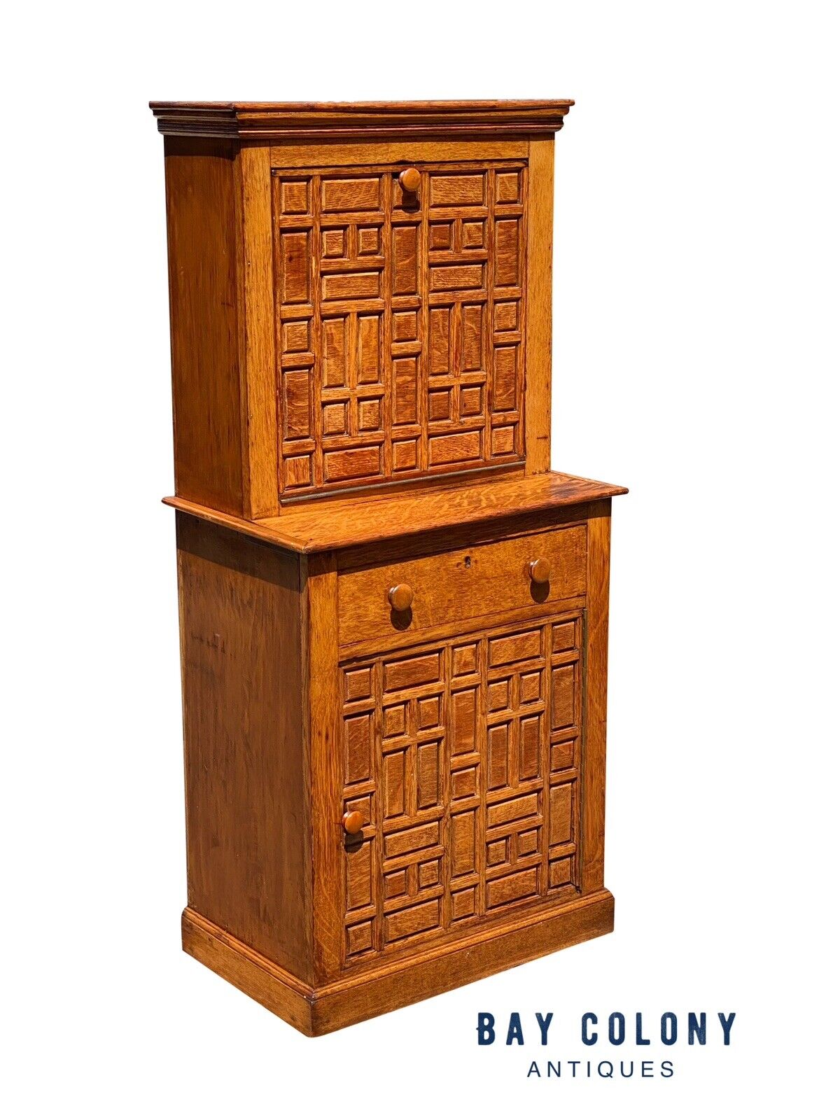 Antique Arts & Crafts Oak Liquor Cabinet With Geometric Panel Doors - Rare Size