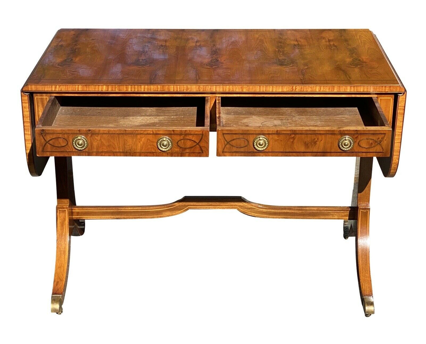 20TH C REGENCY ANTIQUE STYLE ELM & SATINWOOD DROP LEAF SOFA TABLE / DESK