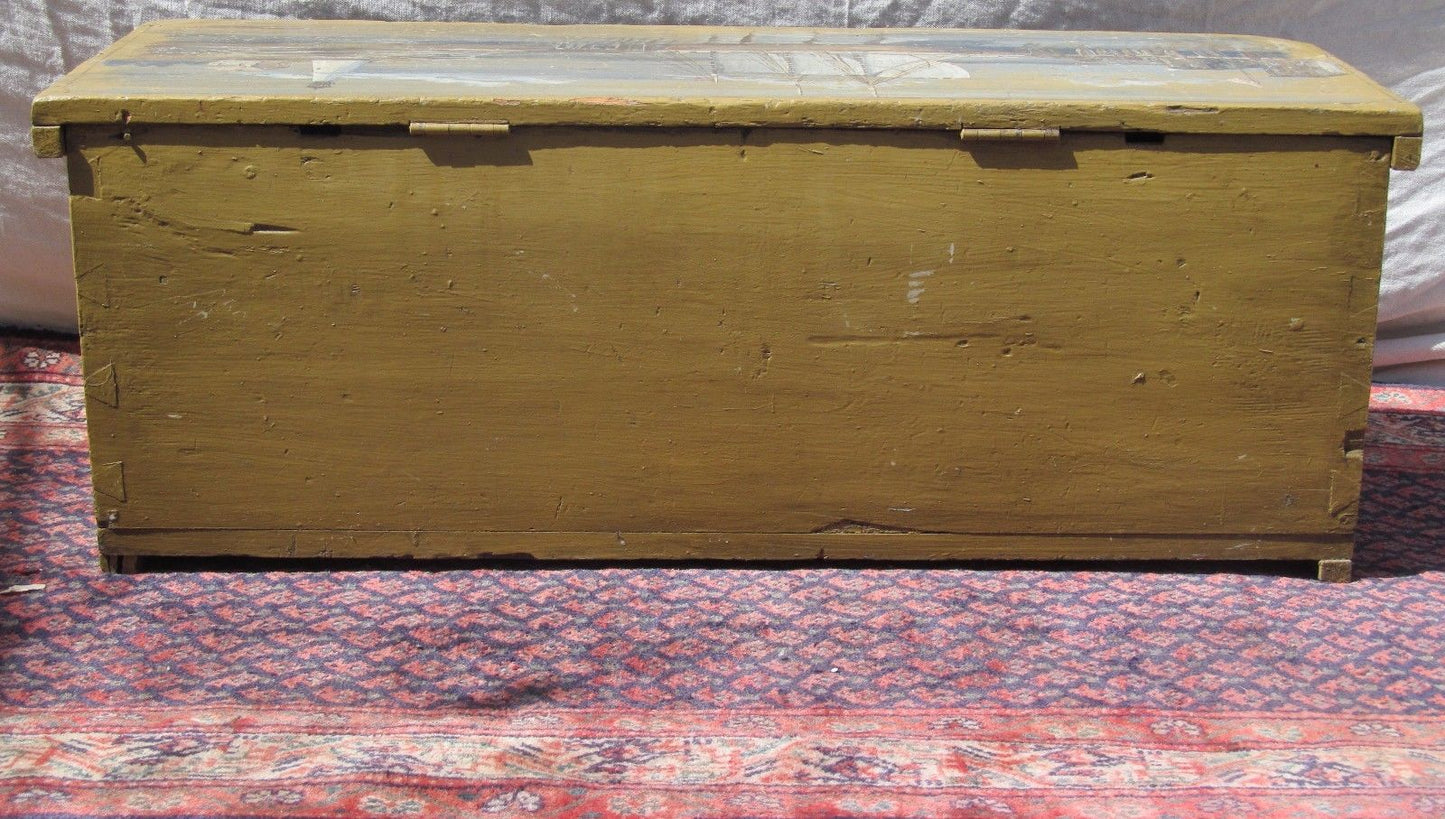 18TH CENTURY CANTED SEA CHEST WITH 1944 ARTIST PAINTED HARBOR & LIGHTHOUSE