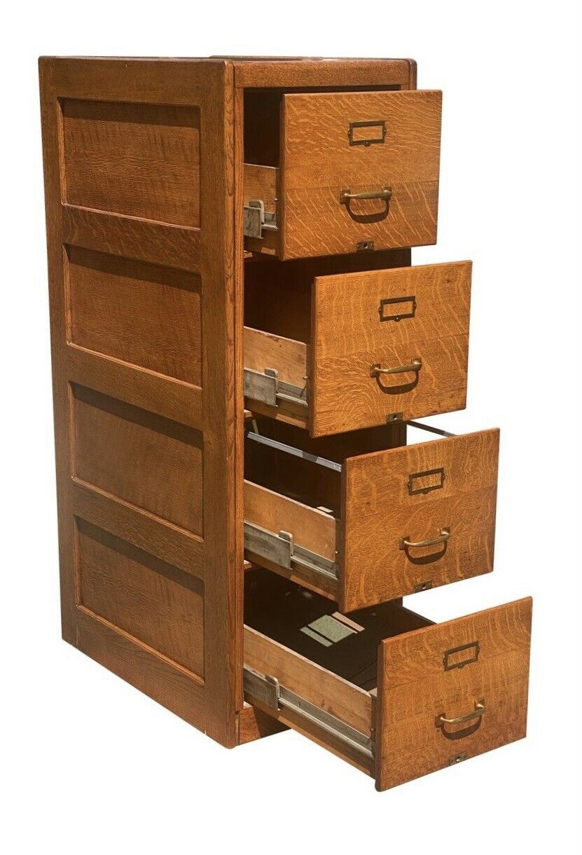 20TH C ANTIQUE ARTS & CRAFTS TIGER OAK 4 DRAWER LETTER FILE CABINET