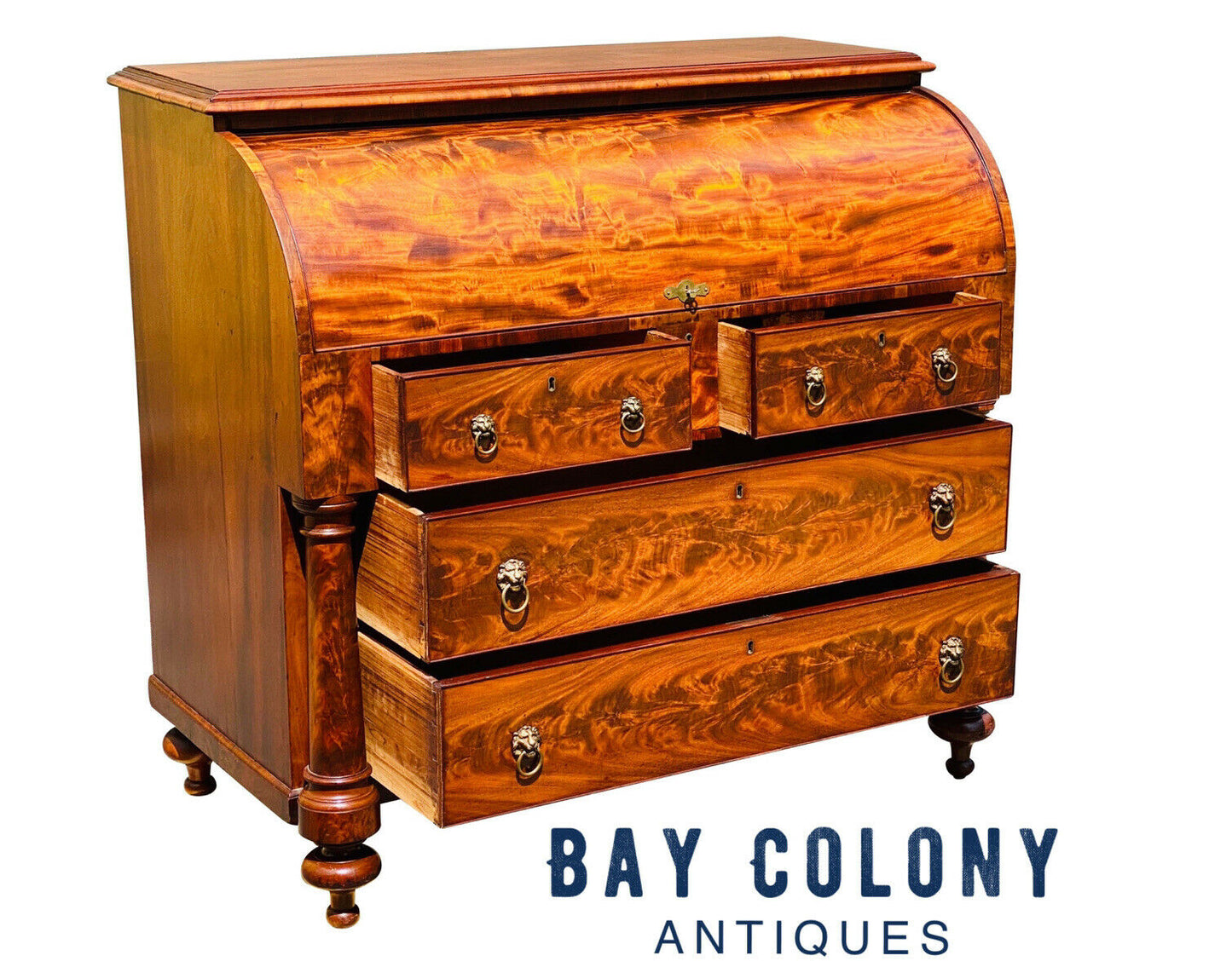 19TH C ANTIQUE FEDERAL PERIOD CLASSICAL MAHOGANY CYLINDER ROLL DESK