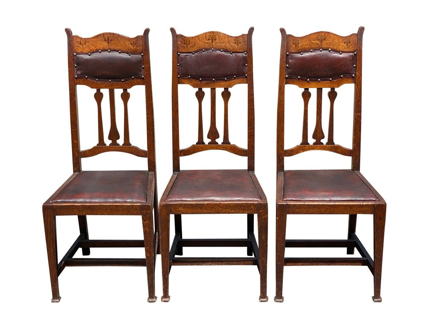 Set of Six Arts & Crafts Mission Oak Dining Chairs With Tulip Inlaid Crest Rails