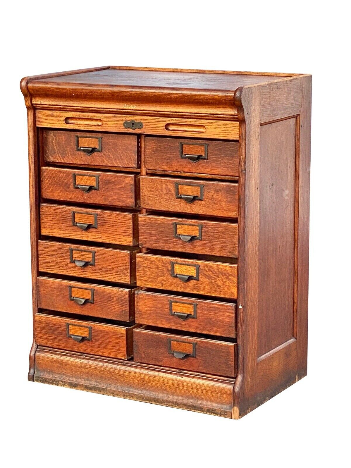 19TH C ANTIQUE TIGER OAK GLOBE 12 DRAWER TAMBOUR OFFICE FILE CABINET