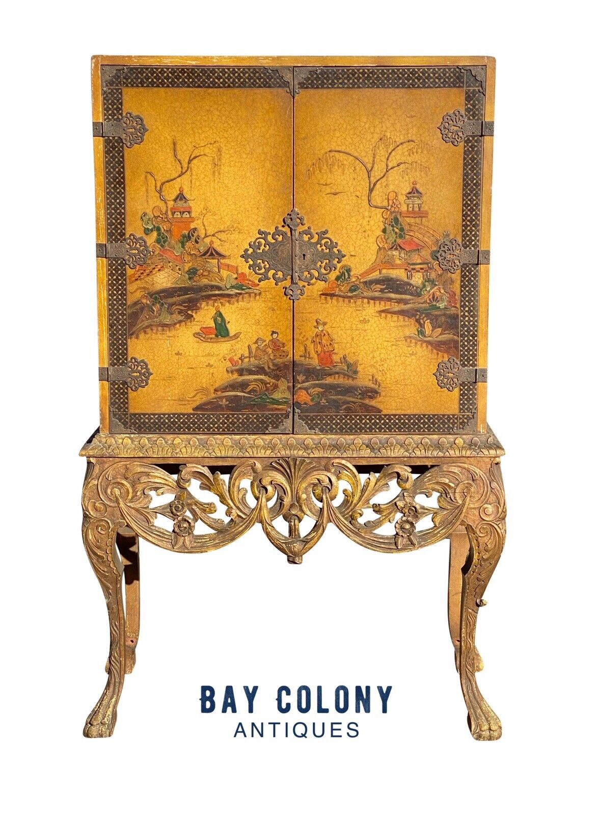 20th C Antique Chinoiserie Carved Liquor Cabinet / Cupboard