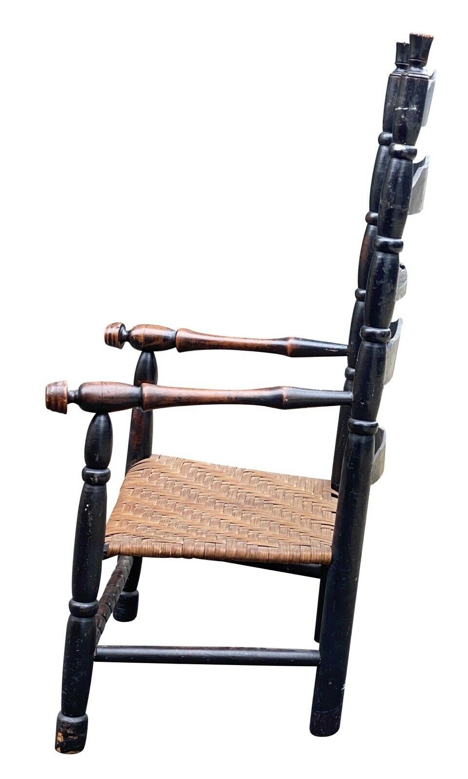 18th C Antique New England Queen Anne Black Painted Ladder Back Armchair
