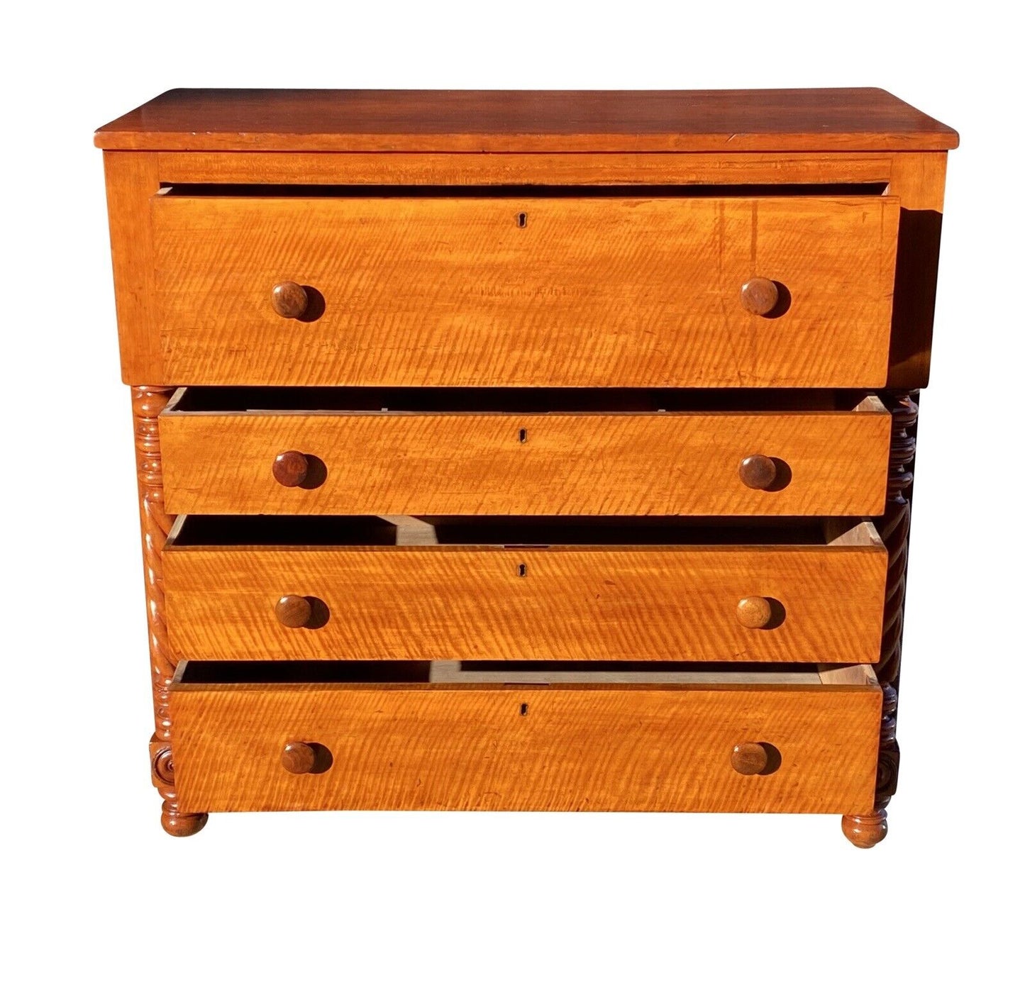 19th C Antique Sheraton Cherry & Tiger Maple Chest of Drawers / Dresser