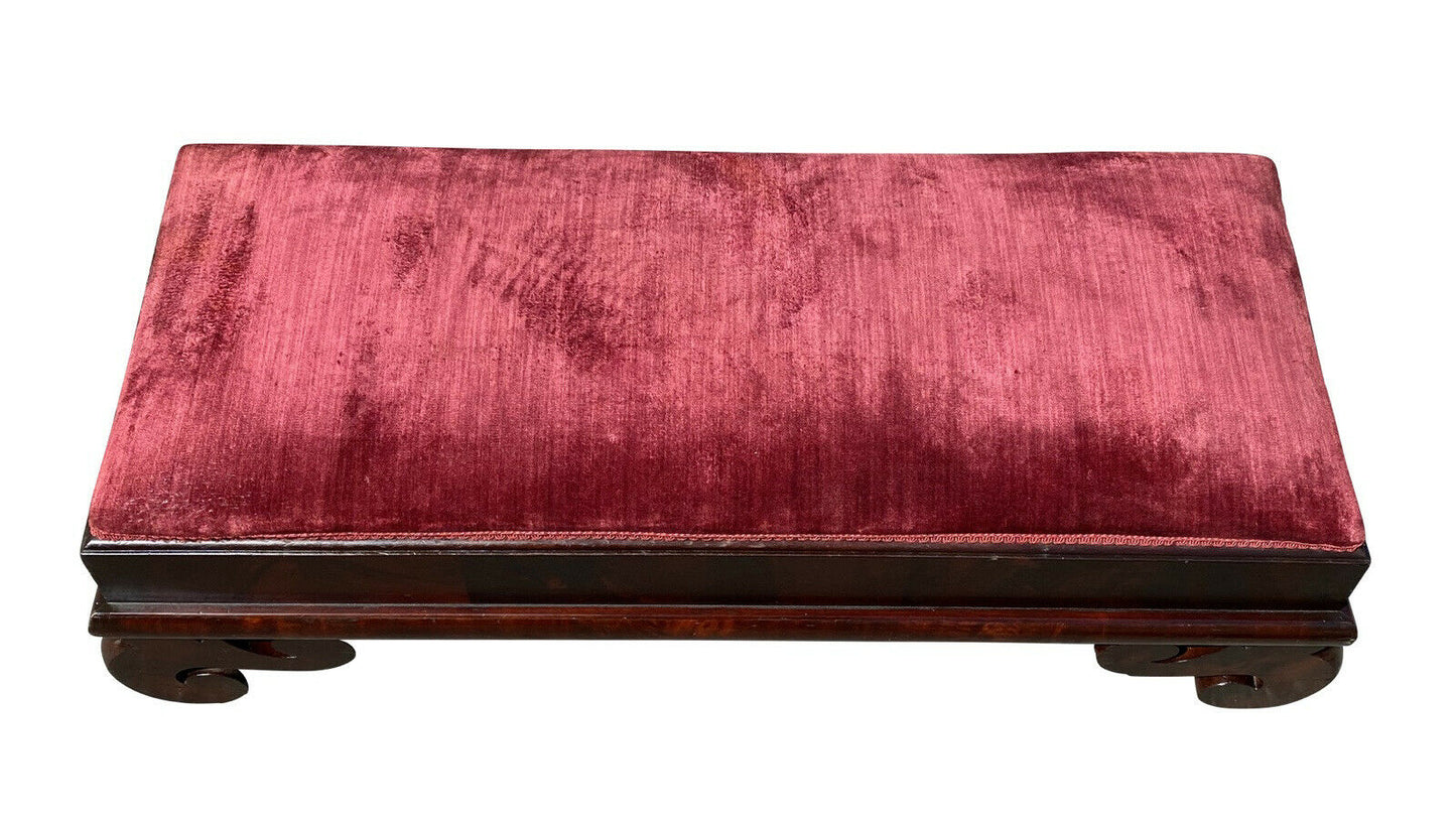 19th C Antique American Empire Mahogany Vanity Bench W/ Red Velvet Seat