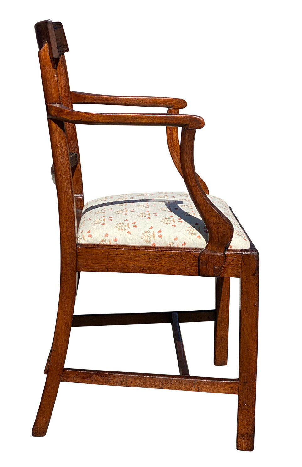 19TH C ANTIQUE FEDERAL PERIOD MAHOGANY ARM CHAIR W/ FOLK ART EMBROIDERED SEAT