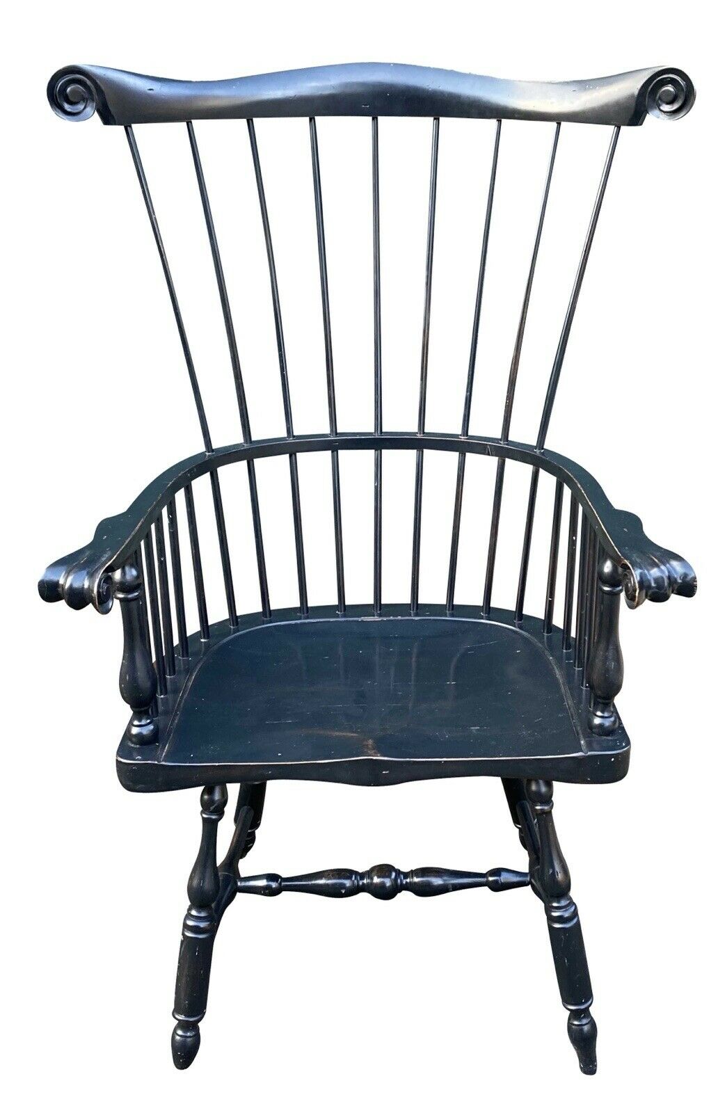 20th C Antique Style Pair of Windsor Comb Back Black Painted Arm Chairs
