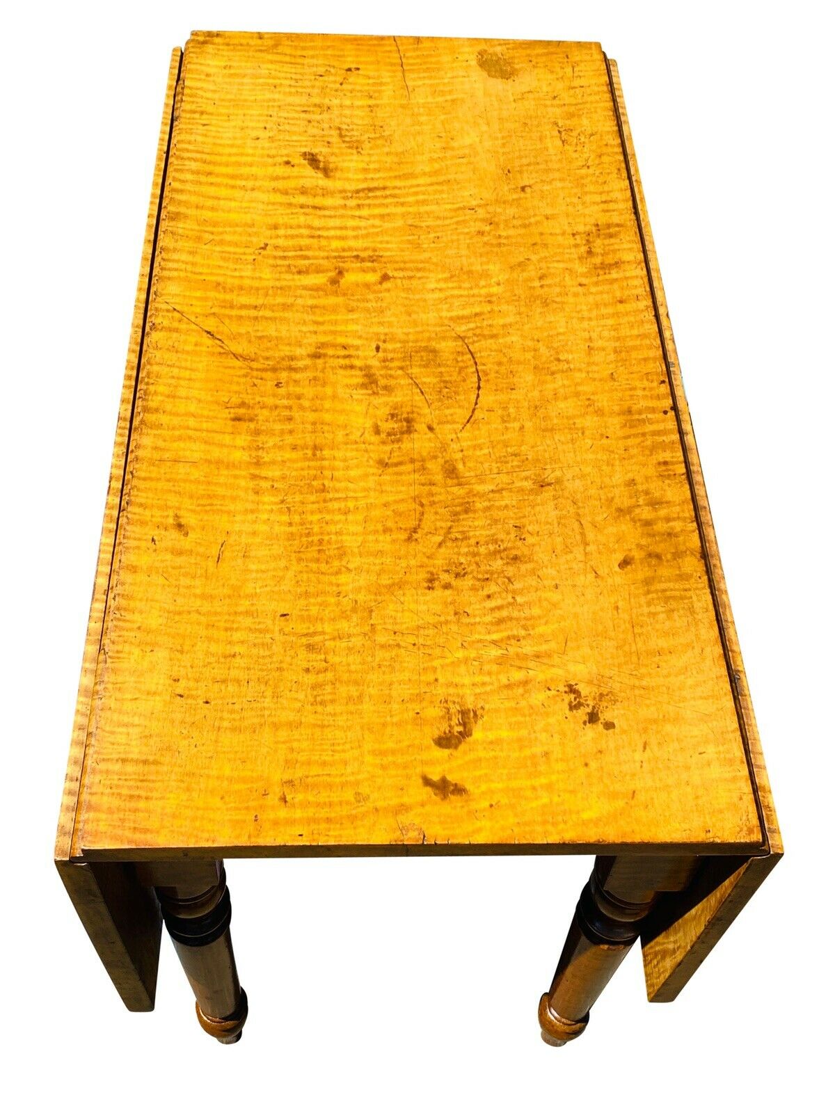 19TH C ANTIQUE COUNTRY PRIMITIVE TIGER MAPLE DROP LEAF DINING TABLE