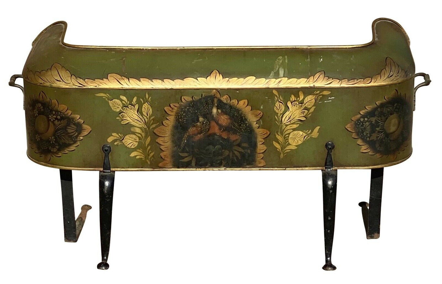 19th C Antique Green & Gilt Paint Tole Fireplace Warmer W/ Folk Art Paintings