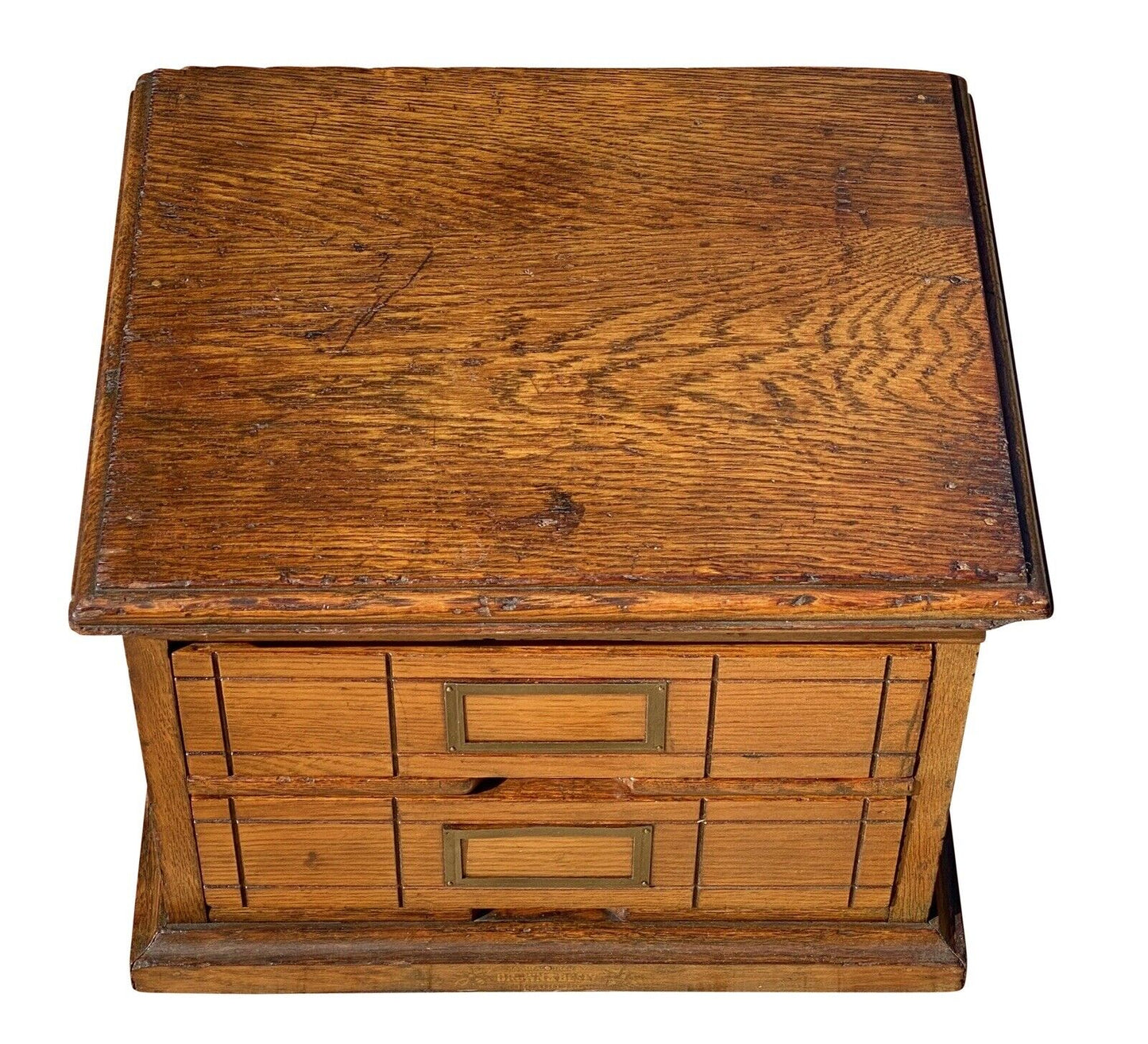 20th C Antique Industrial Oak 2 Drawer Desktop Brown & Besly Letter File Cabinet