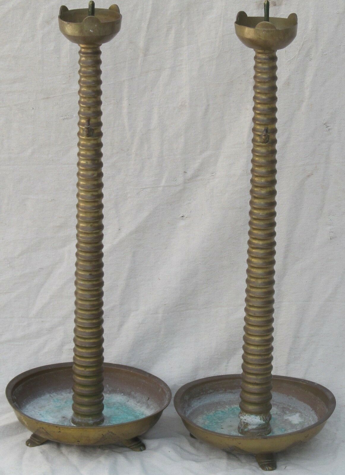 27" TALL MONUMENTAL ARTS & CRAFTS BRASS ANTIQUE CANDLESTICKS WITH FOOTED BASES