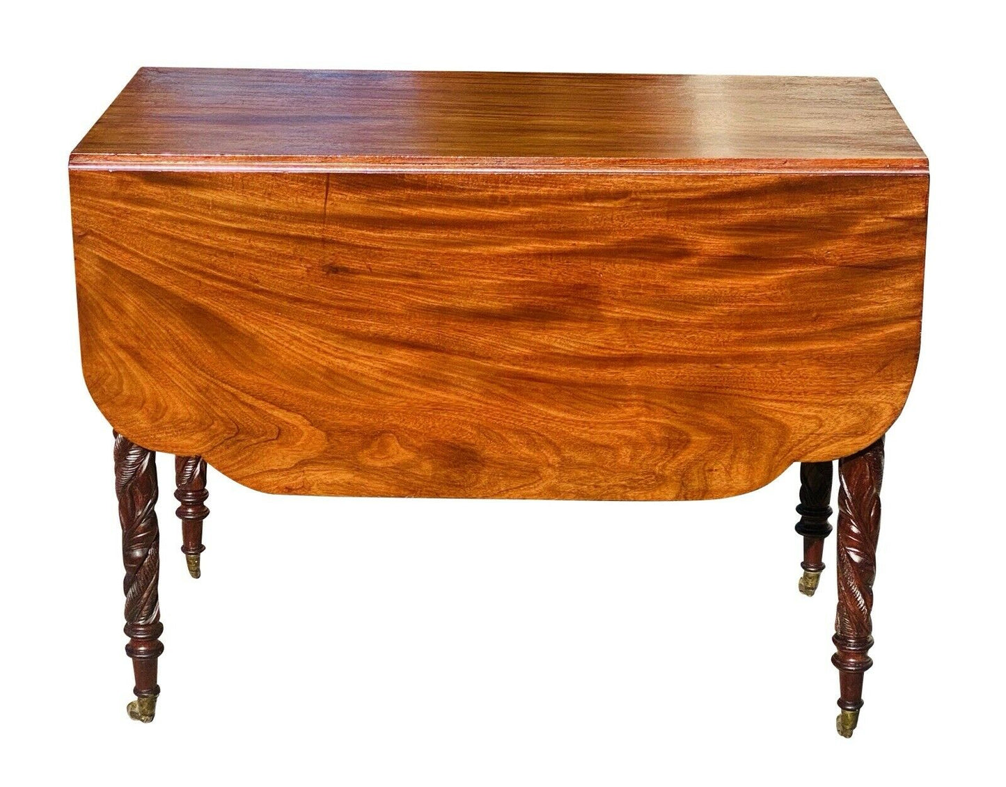 19TH C ANTIQUE NEW YORK SHERATON MAHOGANY DROP LEAF TABLE ~ ACANTHUS CARVED LEGS