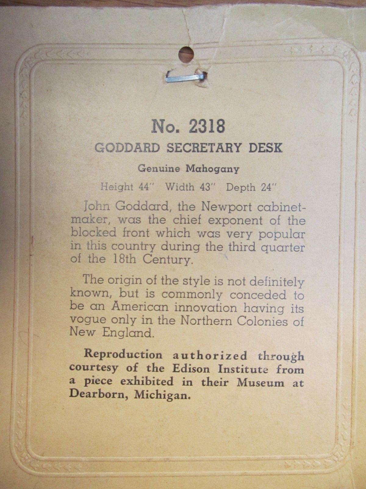 CHIPPENDALE STYLED BLOCK FRONT DESK-GODDARD REPRODUCTION BY EDISON INST