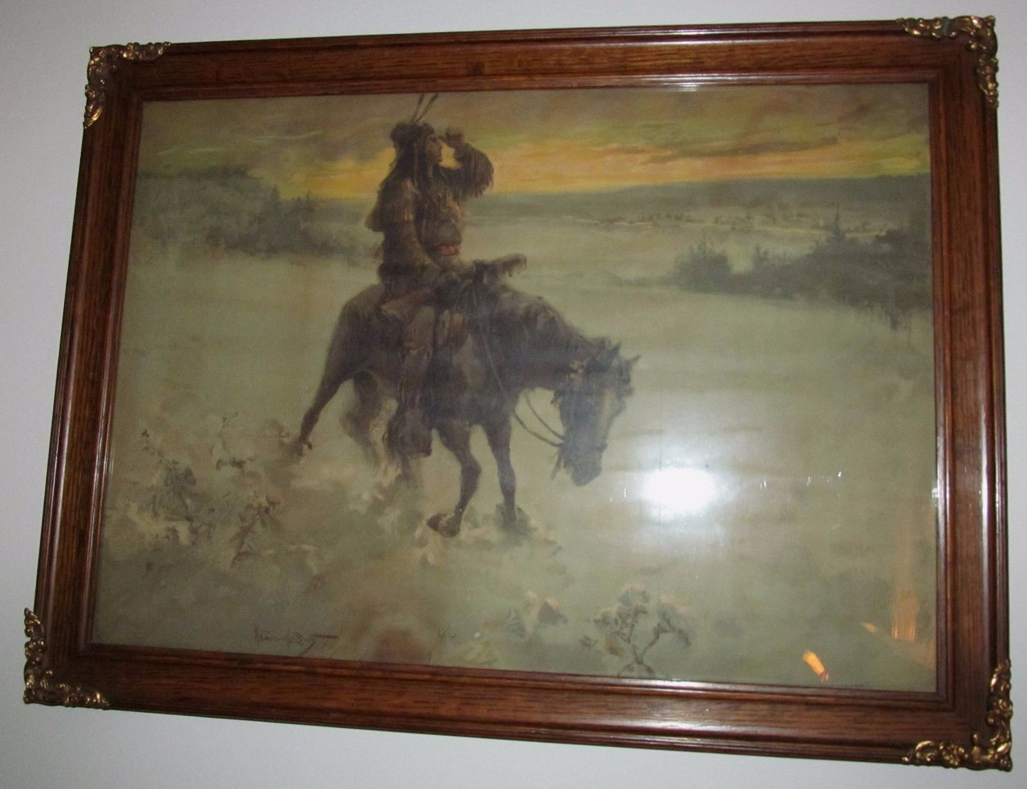 WALTER GRANVILLE SMITH'S LONE MOUNTED WARRIOR IN OAK WITH BRASS MOUNTED FRAME