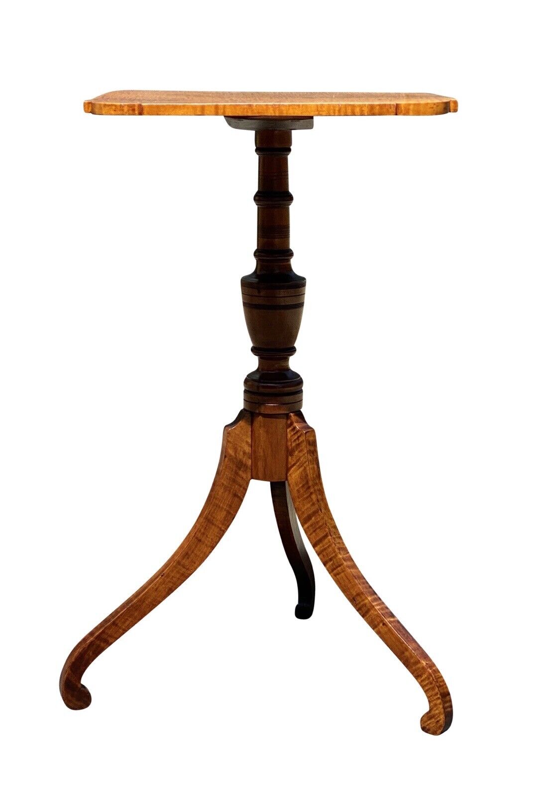 19th C Antique Federal Period Tiger Maple Candlestand / End Table - Curly Maple