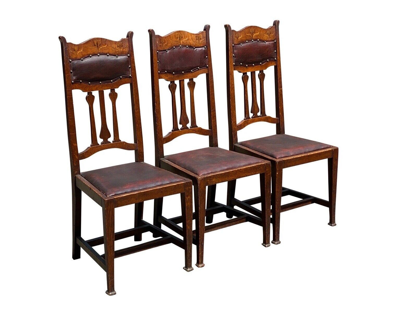 Set of Six Arts & Crafts Mission Oak Dining Chairs With Tulip Inlaid Crest Rails