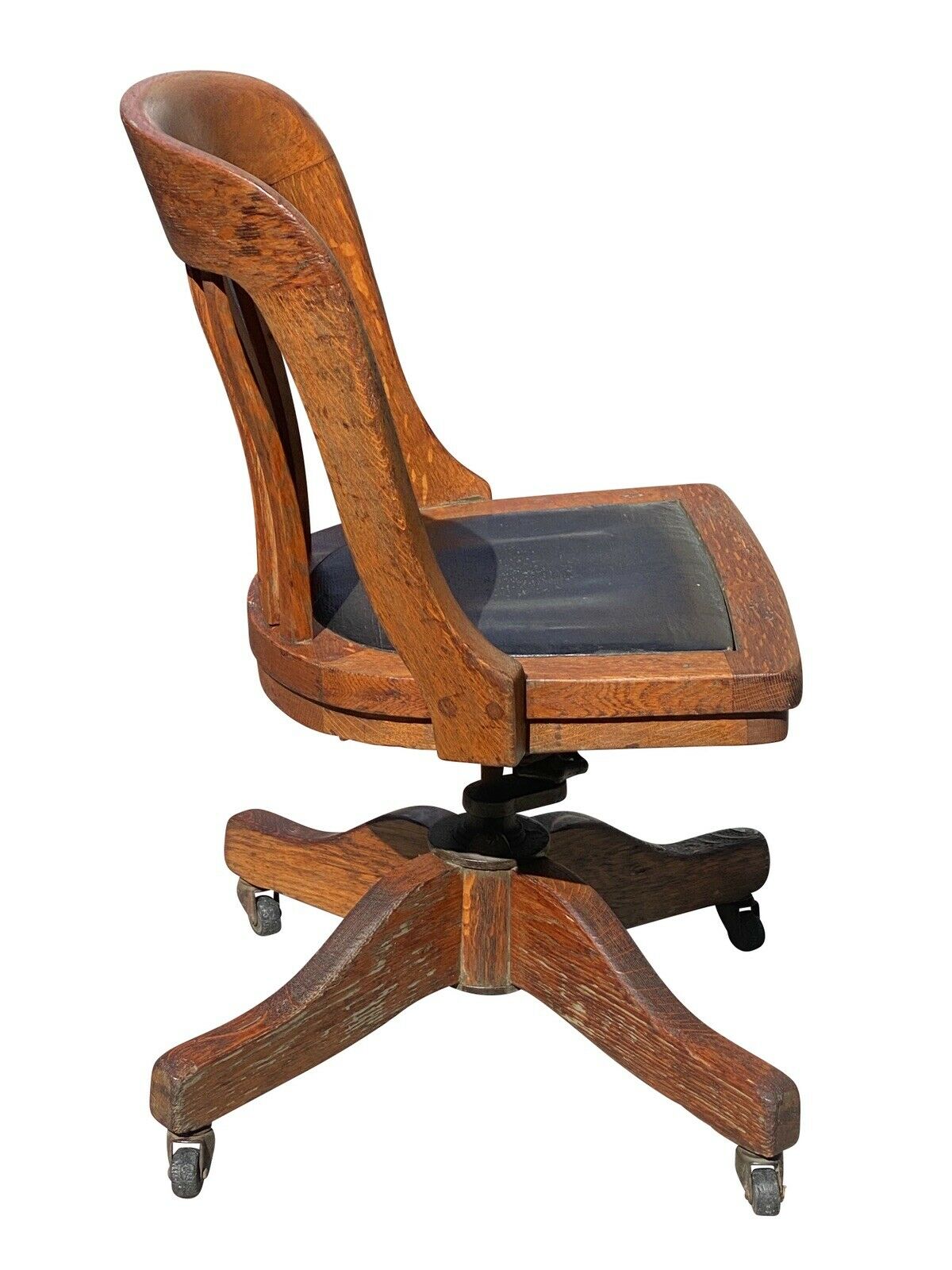 19TH C ANTIQUE VICTORIAN TIGER OAK SWIVEL OFFICE DESK CHAIR W/ LEATHER SEAT