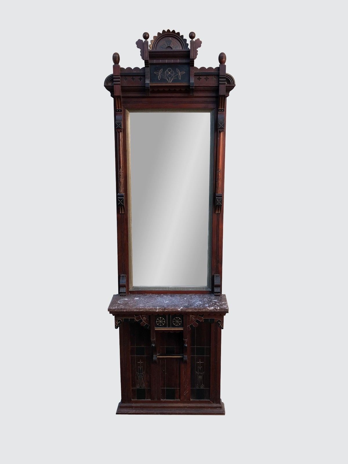 FINELY DECORATIVE VICTORIAN ASTHETIC REVIVAL PIER MIRROR WITH MARBLE SHELF