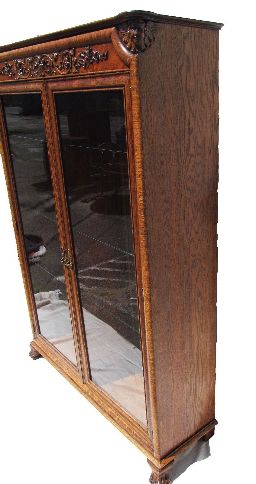 VICTORIAN R.J. HORNER RENAISSANCE REVIVAL TIGER OAK DOUBLE DOOR CARVED BOOKCASE