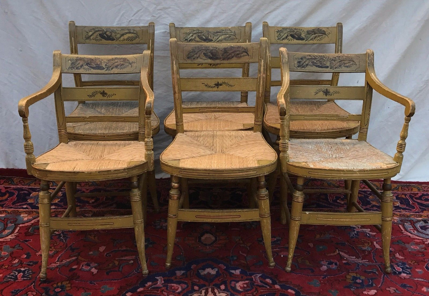 SET OF SIX ANTIQUE SHERATON FANCY CHAIRS IN OLD MUSTARD PAINT