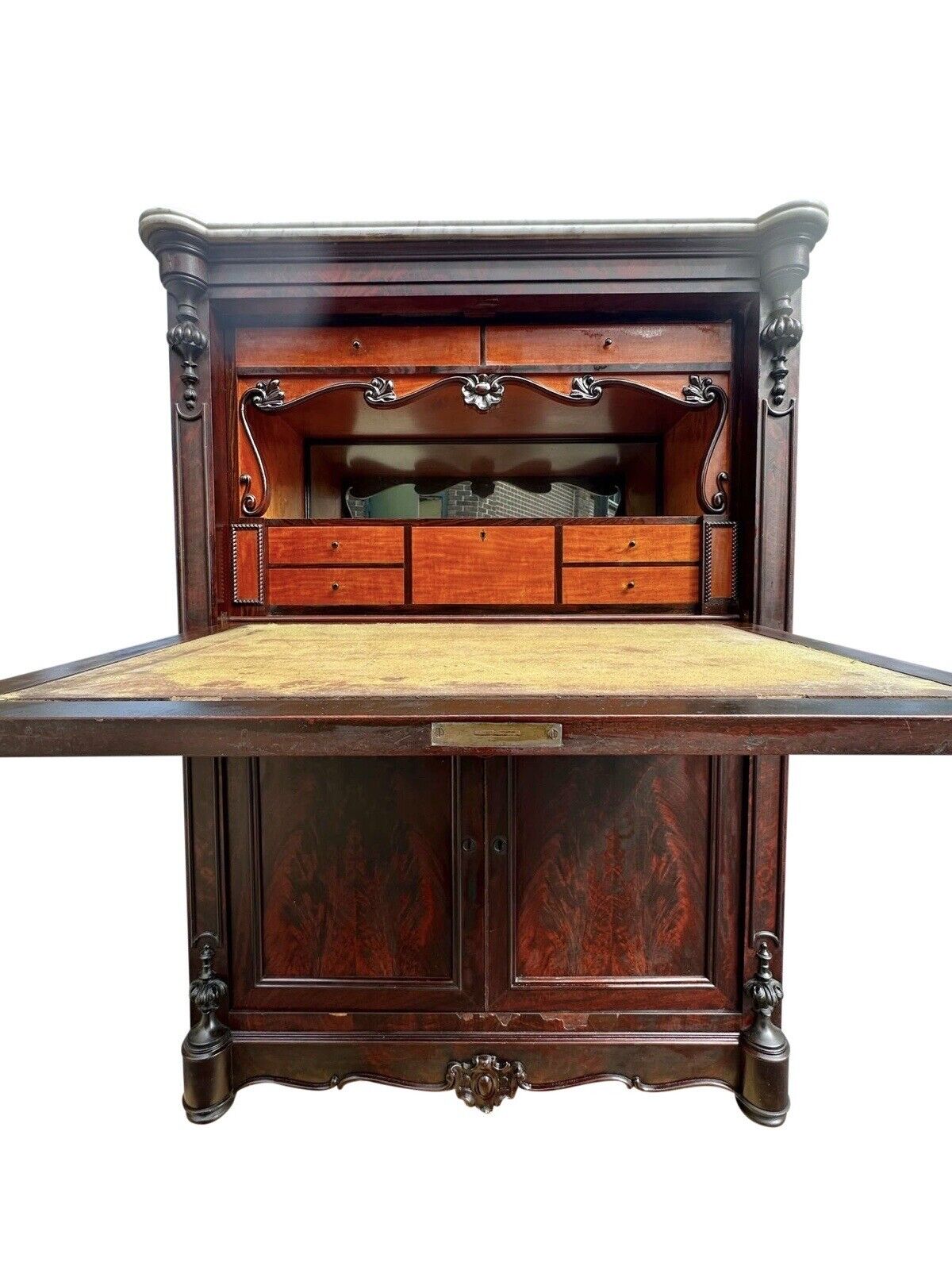 Antique Biedermeier Mahogany & Satinwood Secretary Abattant Desk With Marble Top