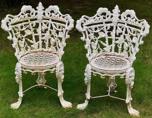 ANTIQUE 19TH C. VICTORIAN CAST IRON GARDEN CHAIRS W/ FLORAL AND VINE DESIGN