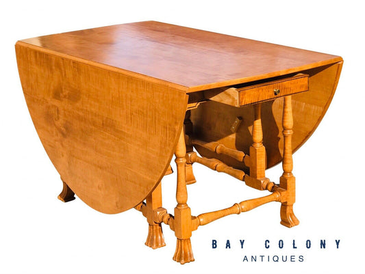 20TH C ANTIQUE STYLE TIGER MAPLE SPANISH FOOT DROP LEAF GATE LEG DINING TABLE