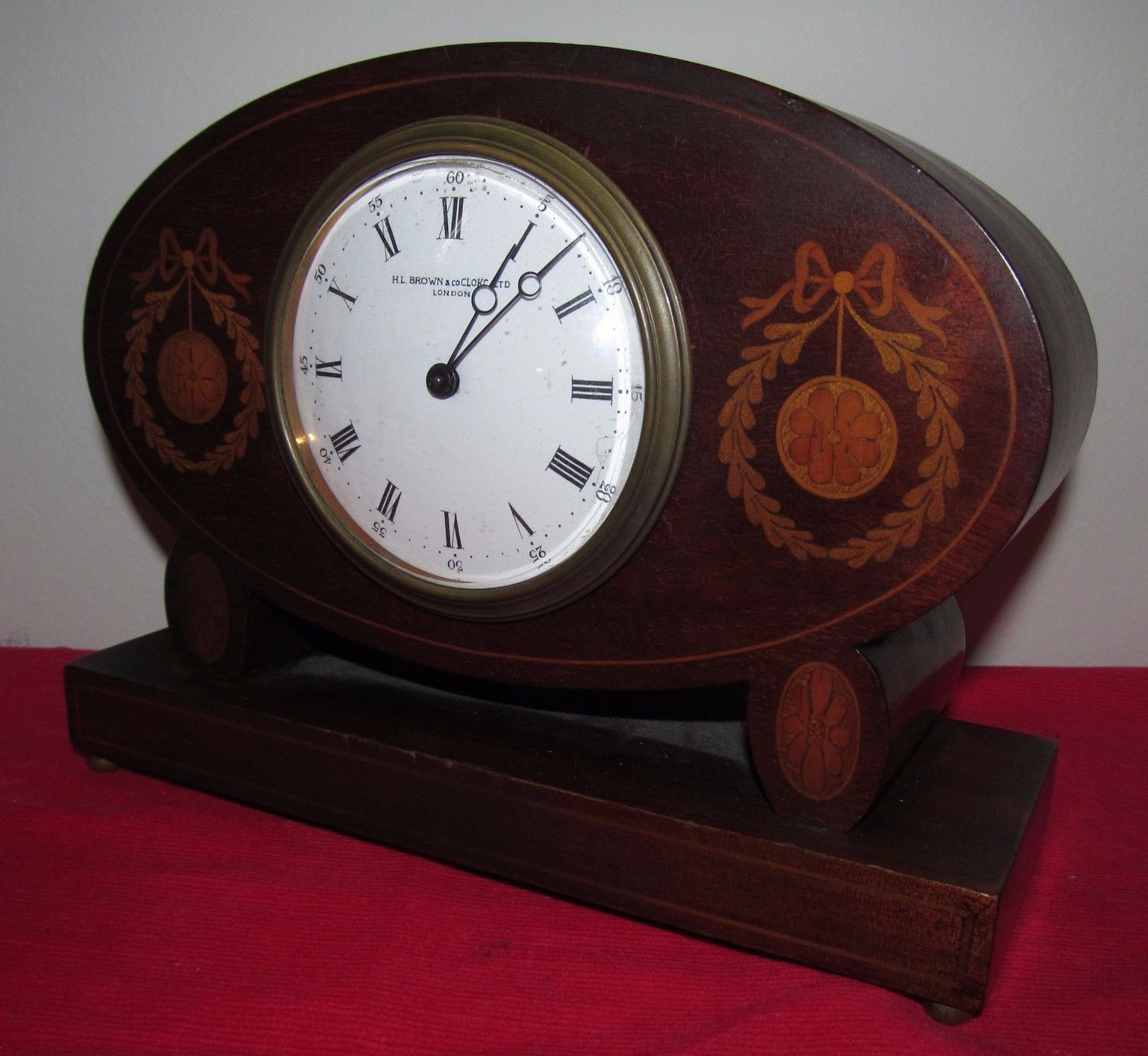 FINELY INLAID ANTIQUE EDWARDIAN MAHOGANY DESK CLOCK BY H. L. BROWN ENGLAND