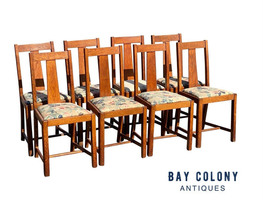 Set of 8 Antique Arts & Crafts Oak Dining Chairs with Tapered Splats