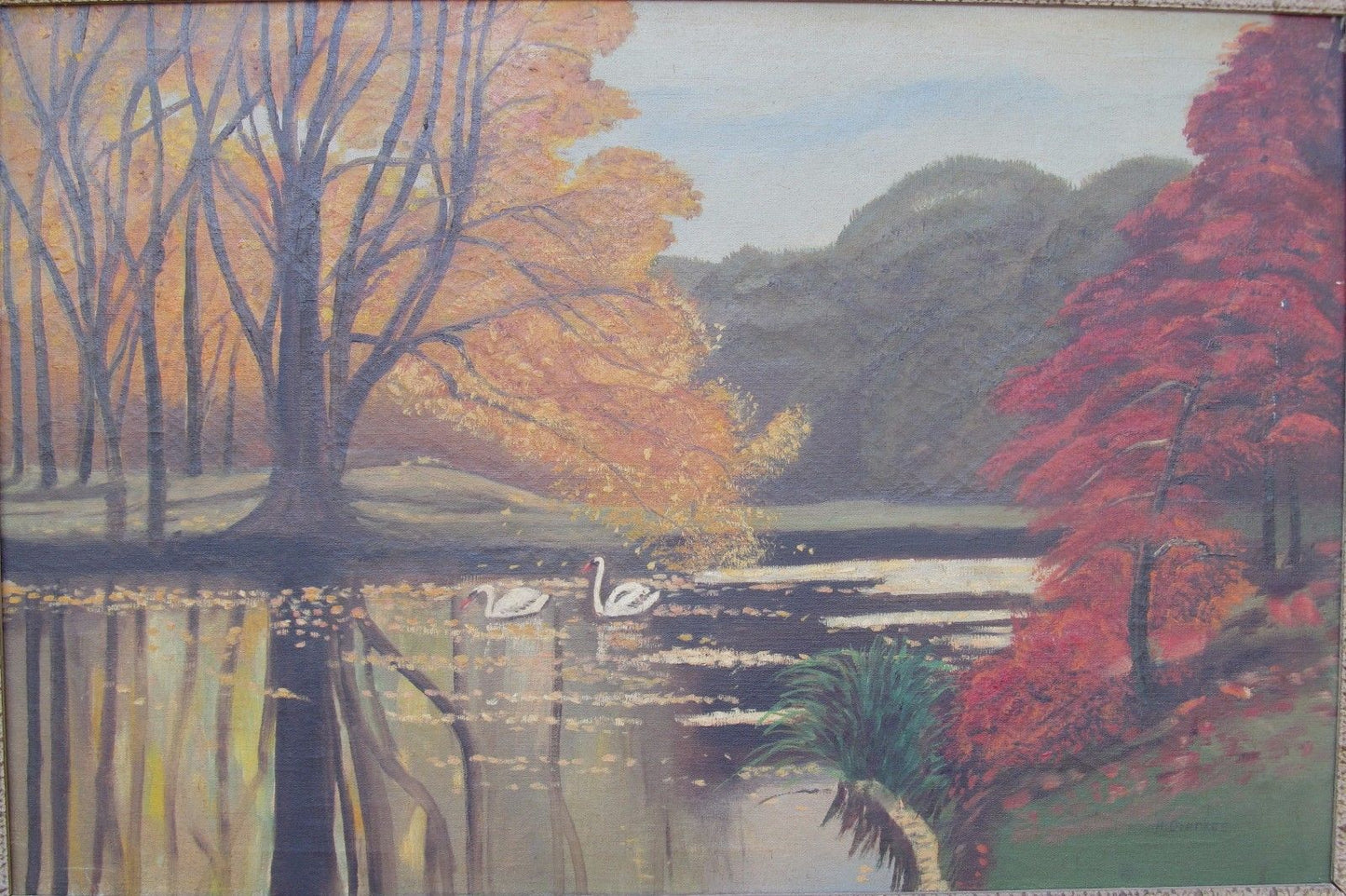 OIL ON CANVAS LANDSCAPE WITH SWANS ON LAKE