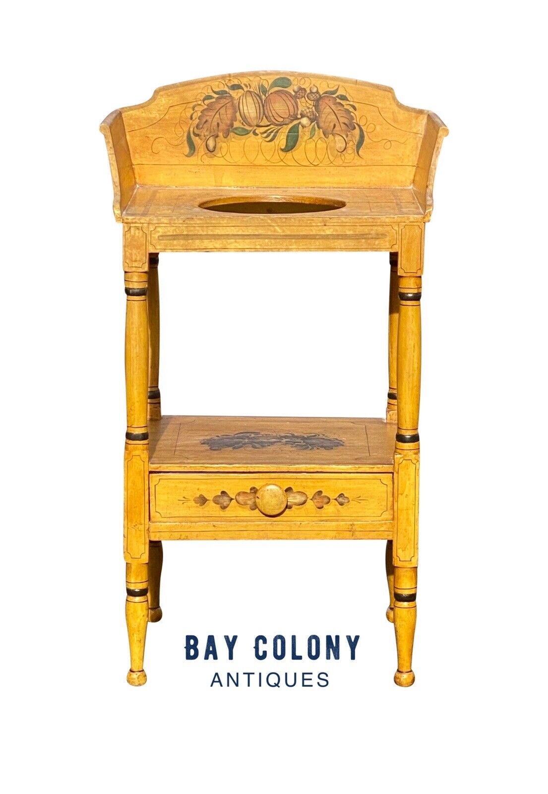 19th C Antique Sheraton Yellow Fancy Paint Washstand With Drawer